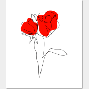 One line art drawing of 2 red roses Posters and Art